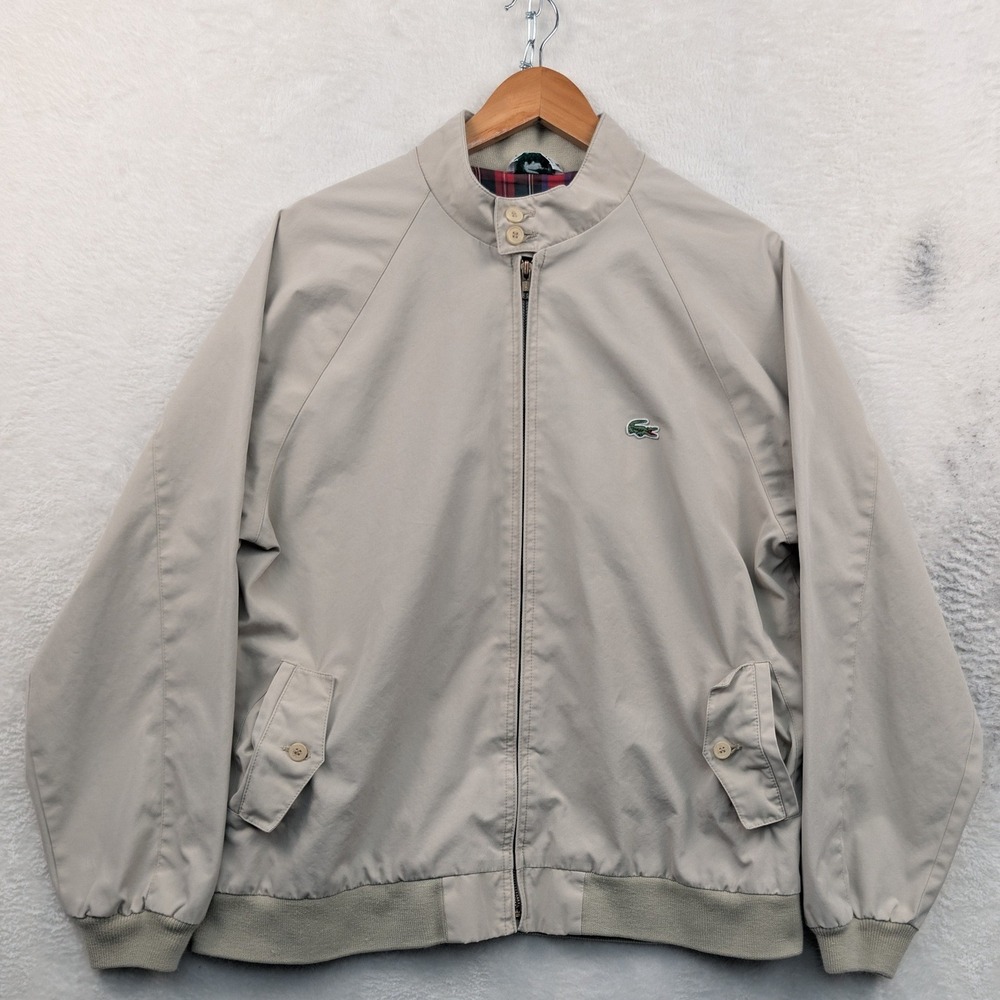 VTG Lacoste Harrington Jacket Men's L Beige Plaid Full Zip Preppy Sporty 90s